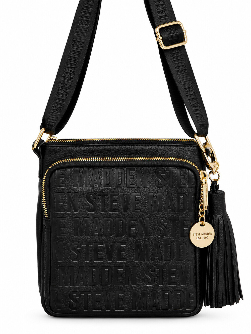 Steve Madden Black Logo Embossed Crossbody Bag Gold Hardware Tassel Purse